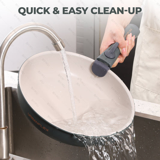 Pink and gray kitchen tool with 'BUILT TO LAST' text and durability icons on a light background