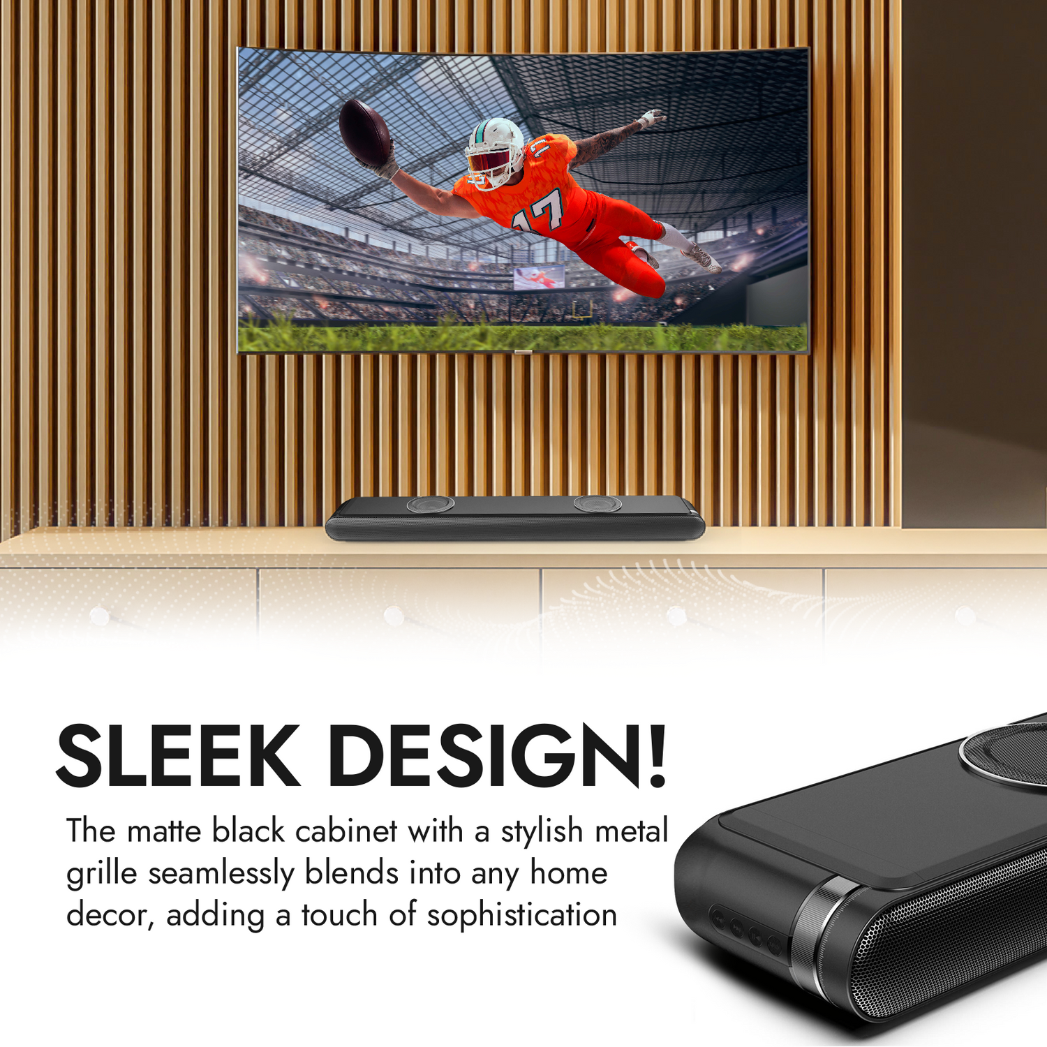 Television mounted on a wooden wall with a sports scene displayed, featuring a black cabinet and grille.