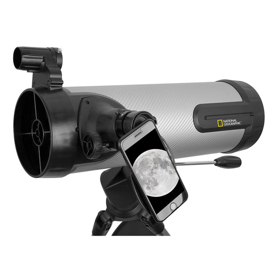 Black telescope with tripod on a white background