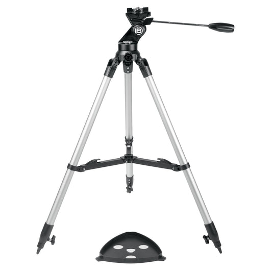 Black telescope with tripod on a white background