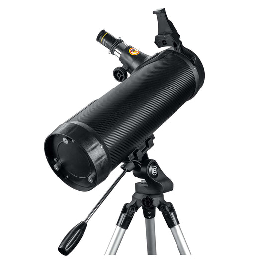 Black telescope with tripod on a white background