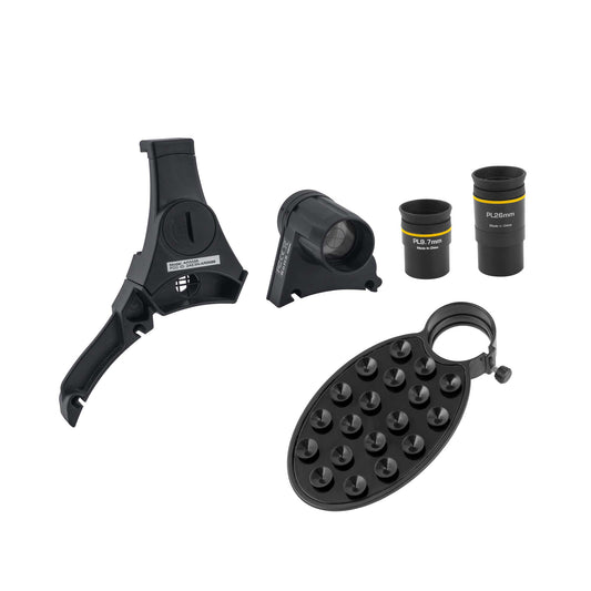 Black telescope with tripod on a white background