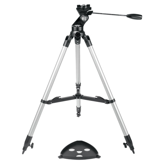 Black telescope with tripod on a white background