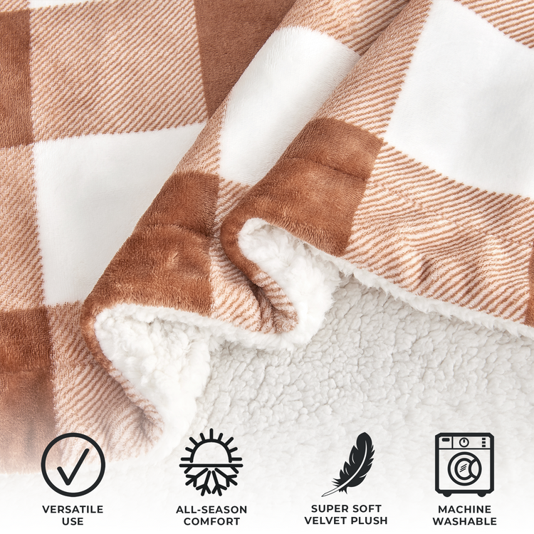 Ultra-Soft Velvet Plush Reversible Sherpa Fleece Blanket - Terracotta Buffalo Checks