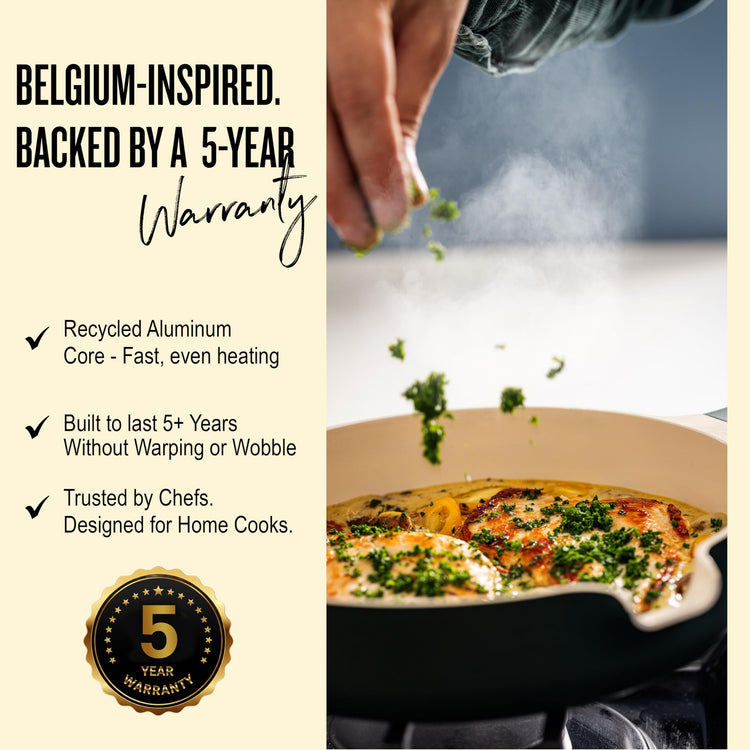 Product advertisement with a dish being garnished and text about Belgium-inspired design and 5-year warranty.