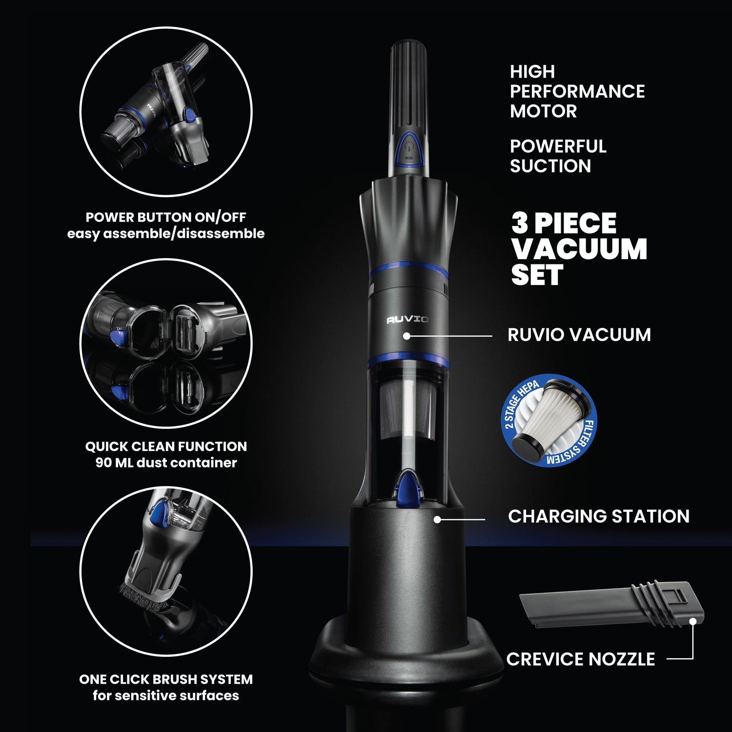 Ruvio vacuum cleaner with features highlighted on a black background