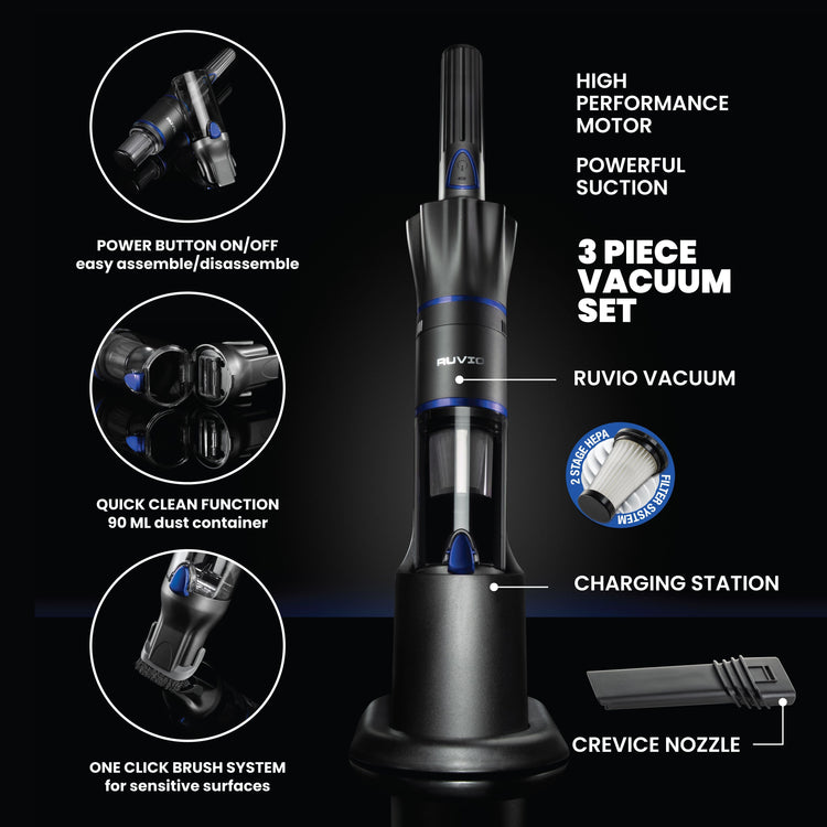 Ruvio vacuum cleaner with features highlighted on a black background