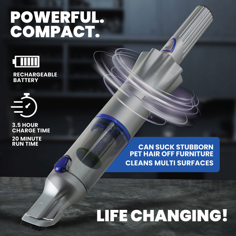 Rechargeable handheld vacuum cleaner with features highlighted on a dark background