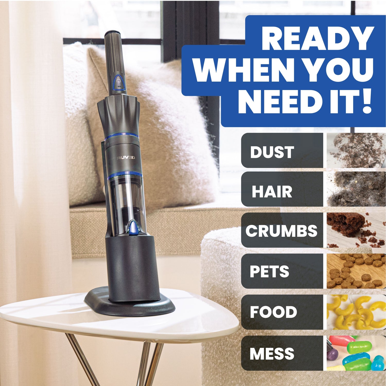 Handheld vacuum cleaner on a table with cleaning tasks listed on a white background