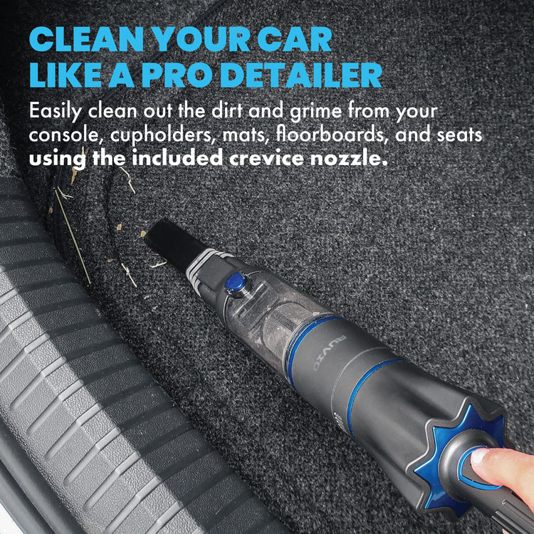 Car cleaning tool with crevice nozzle cleaning car interior, text on image.