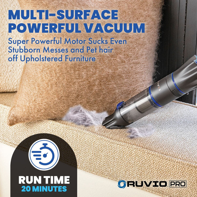 Ruvio Pro vacuum cleaner cleaning a couch with text highlighting its power and features.