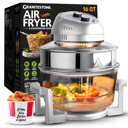 Granitestone air fryer with food inside, next to its packaging on a white background