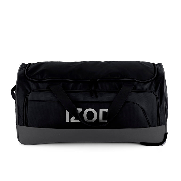 Black duffel bag with 'XO' branding on a white background