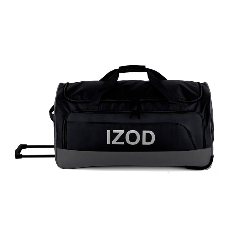 Black duffel bag with 'IZOD' branding on a white background