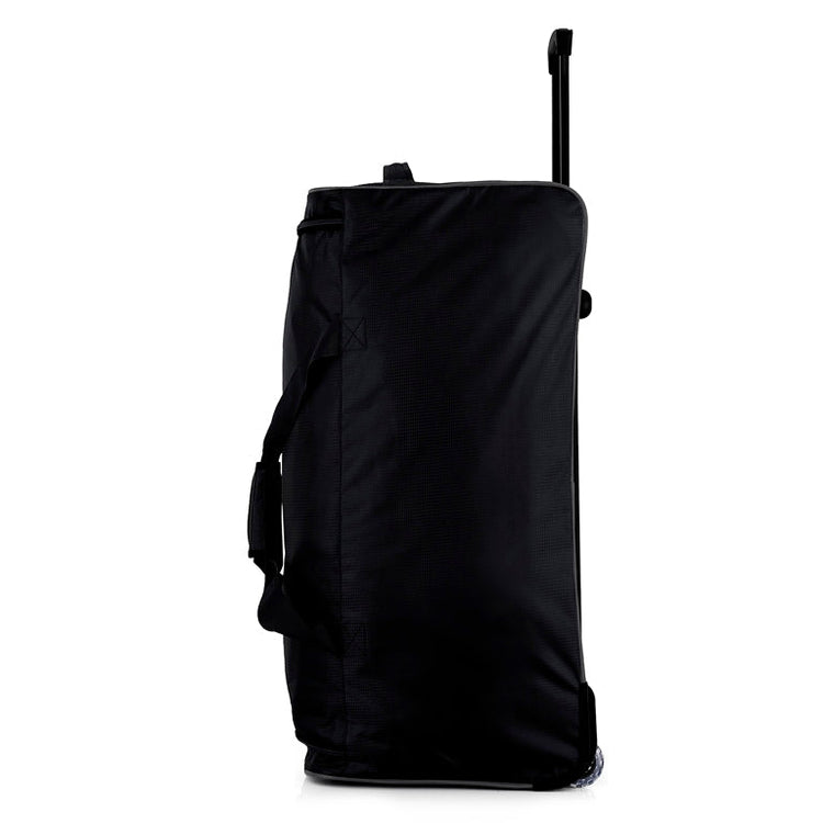 Black rolling duffel bag on a white background
