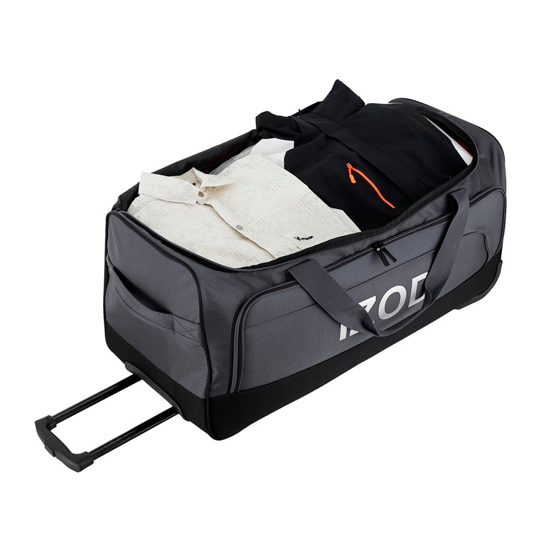 Black and gray duffel bag with clothes inside on a white background