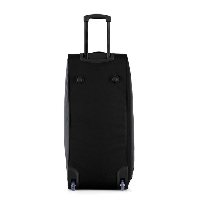 Black suitcase with wheels on a white background
