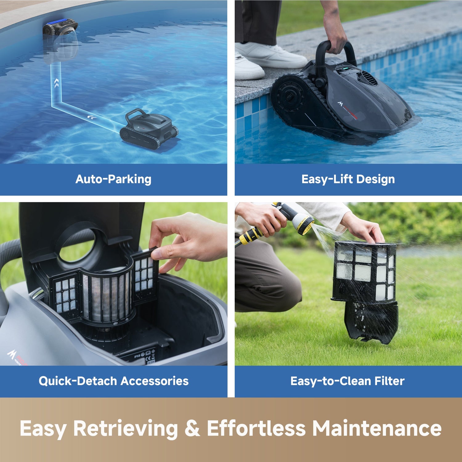 Collage of a pool cleaning robot with features like auto-parking, easy-lift design, quick-detach accessories, and easy-to-clean filter.