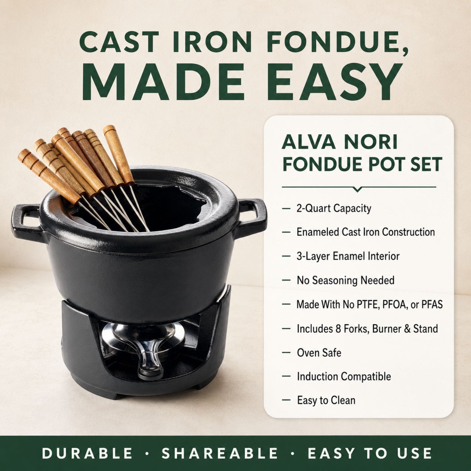 Alva Nori fondue pot set with features listed on a beige background