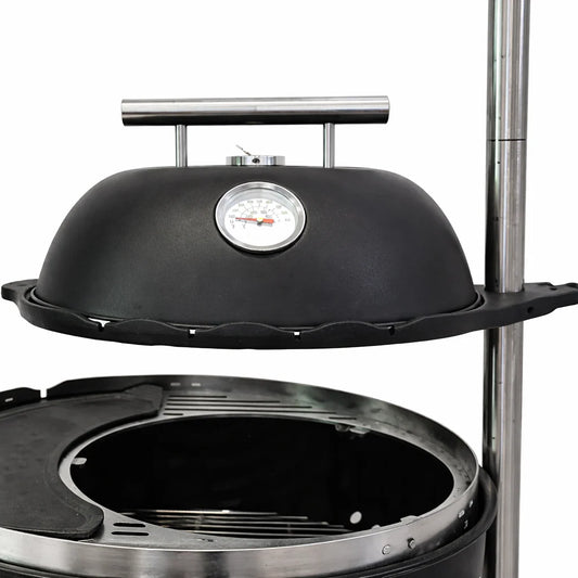 Grill with various foods on a dark surface