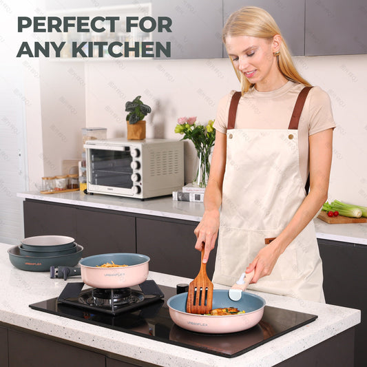 Pink and gray kitchen tool with 'BUILT TO LAST' text and durability icons on a light background