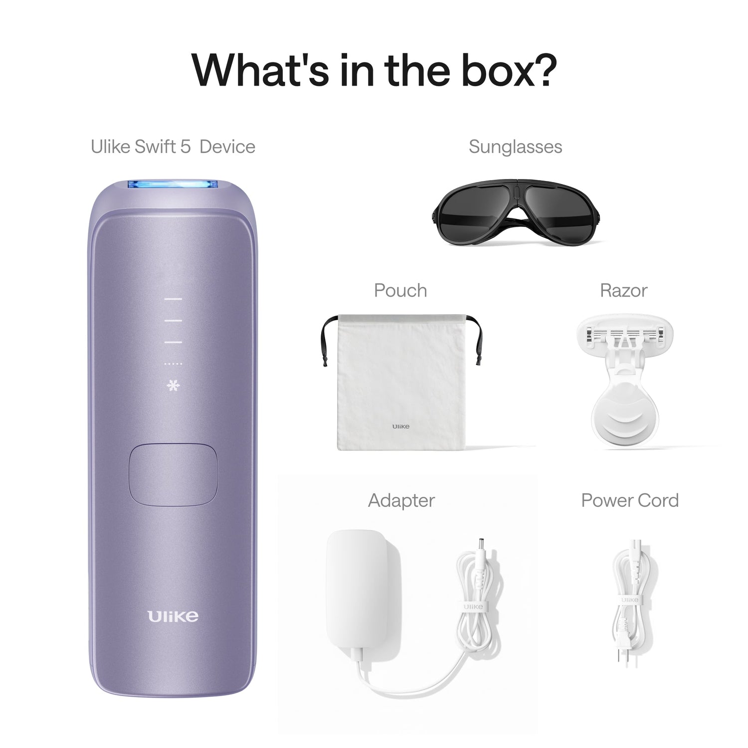 List of items included in a box with Ulike Swift 5 Device, sunglasses, pouch, razor, adapter, and power cord.