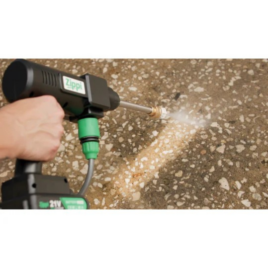 A Zippi Hydro Cleaner Deluxe with a black color scheme, including a gun handle, hose, nozzles, a carrying case, and other accessories.