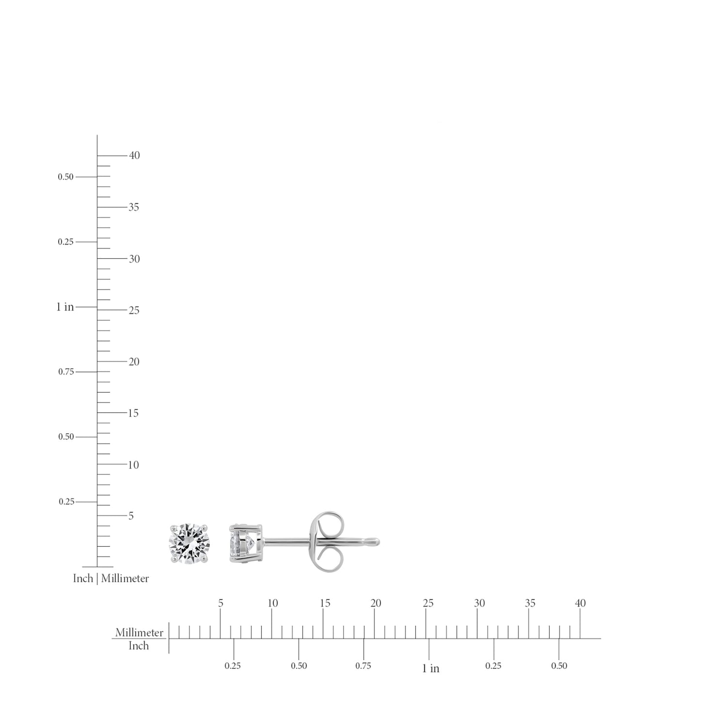 Diamond stud earrings with a size reference on a white background