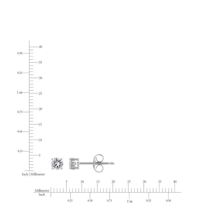 Diamond stud earrings with a size reference on a white background