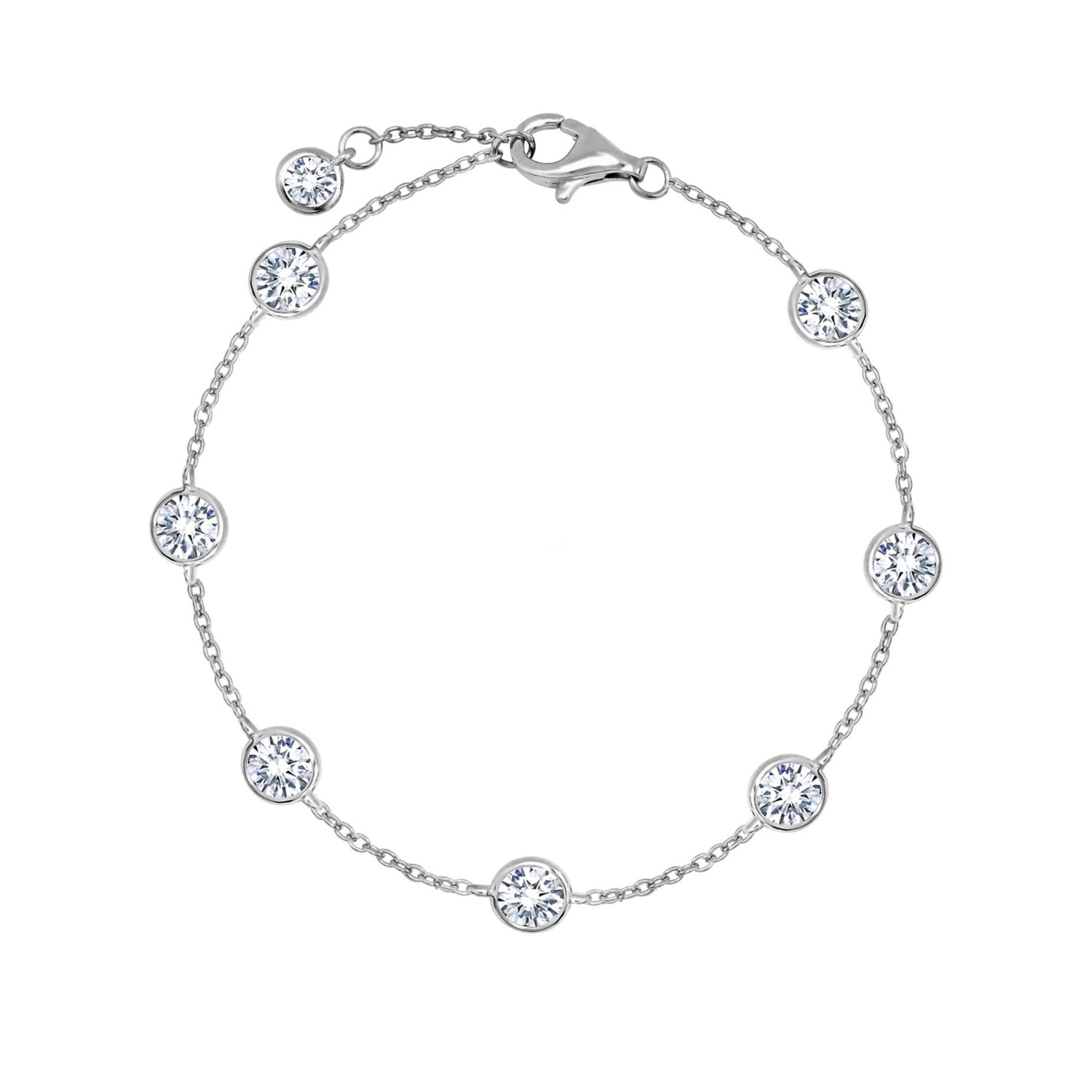 Silver bracelet with clear gemstones on a white background