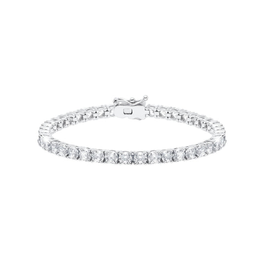 Silver bracelet with clear stones on a white background