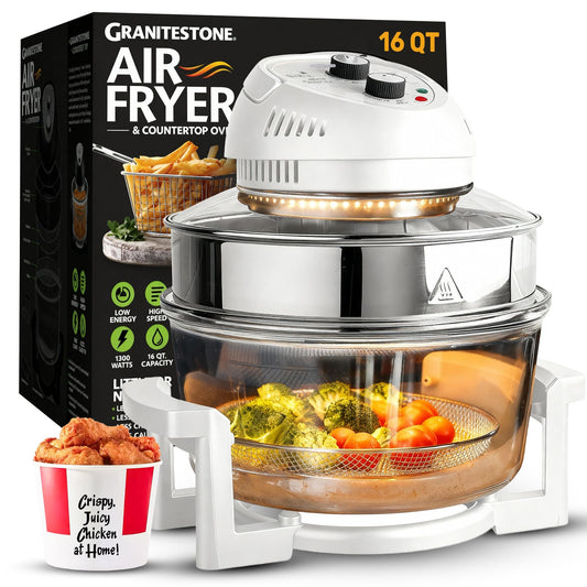 Granitestone air fryer with food items inside and packaging in the background