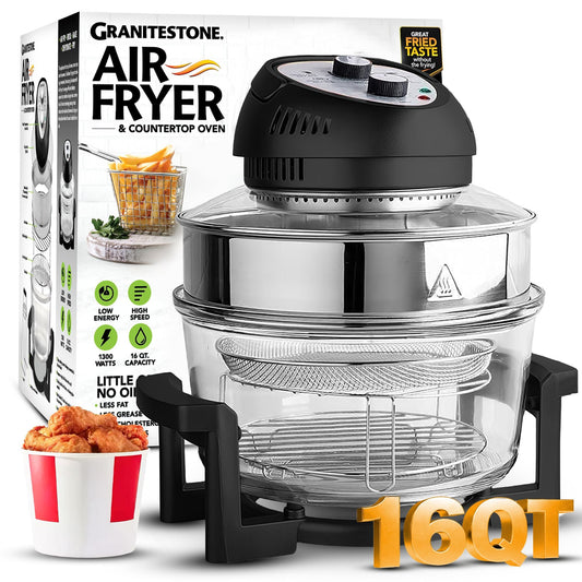 Granitestone air fryer with packaging and food items on a white background
