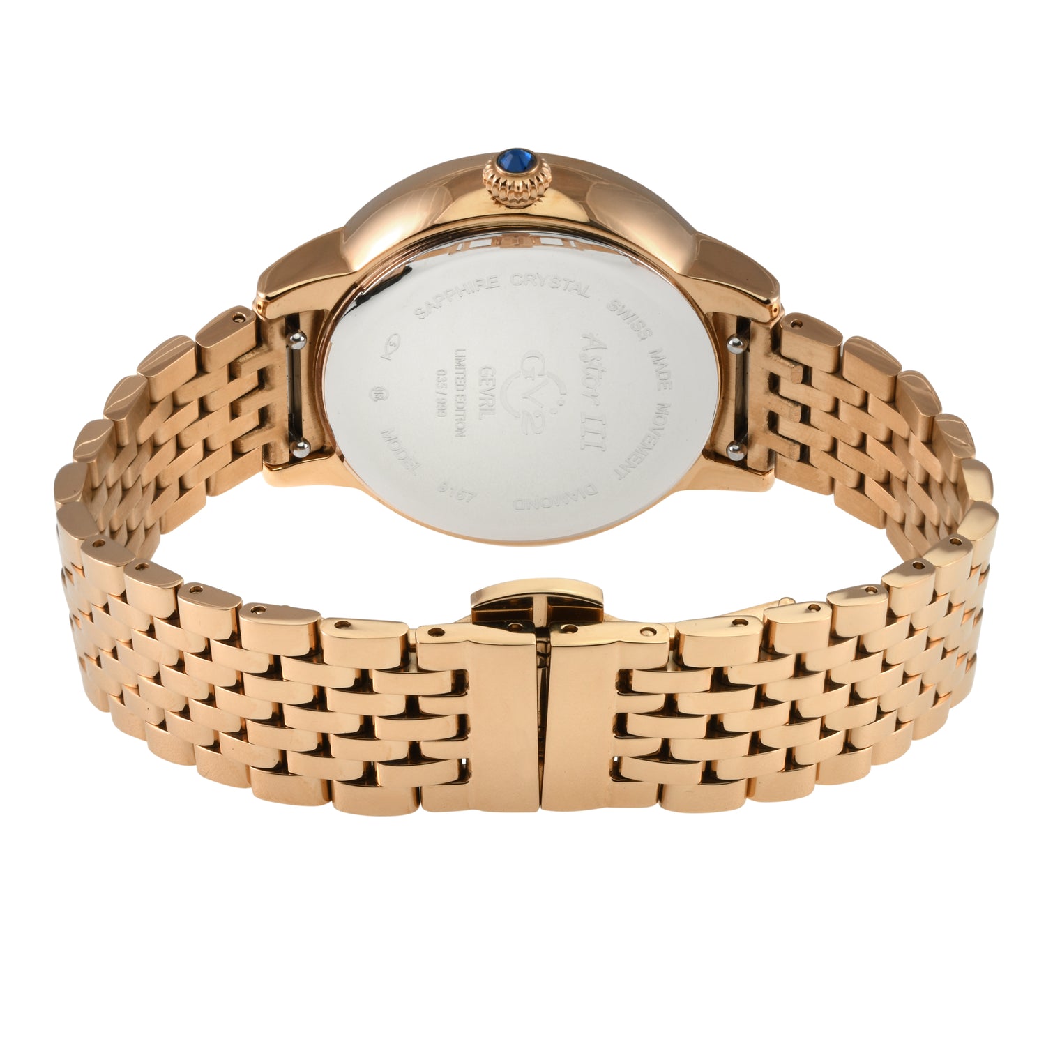 Rose gold watch with a white face on a white background