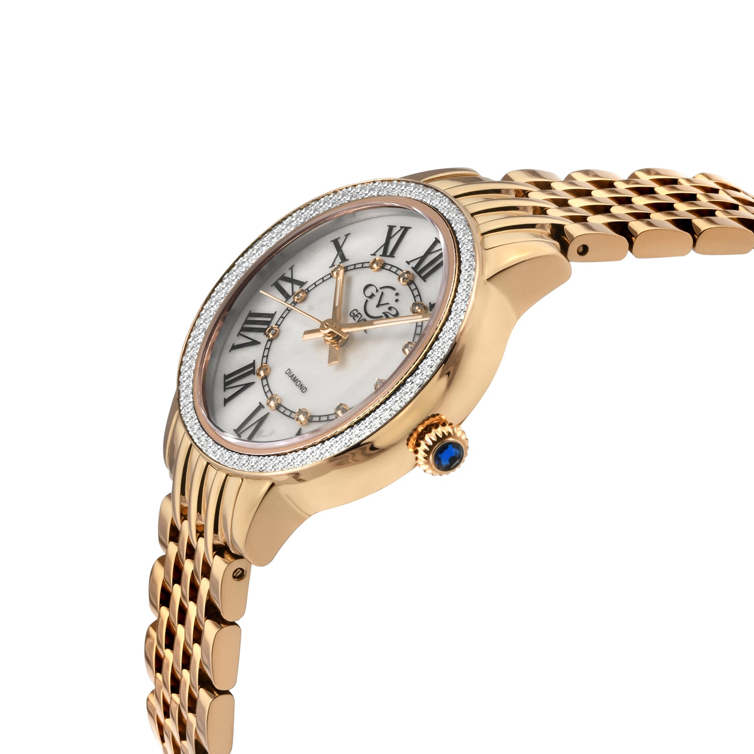 Gold wristwatch with diamond-studded face on a white background