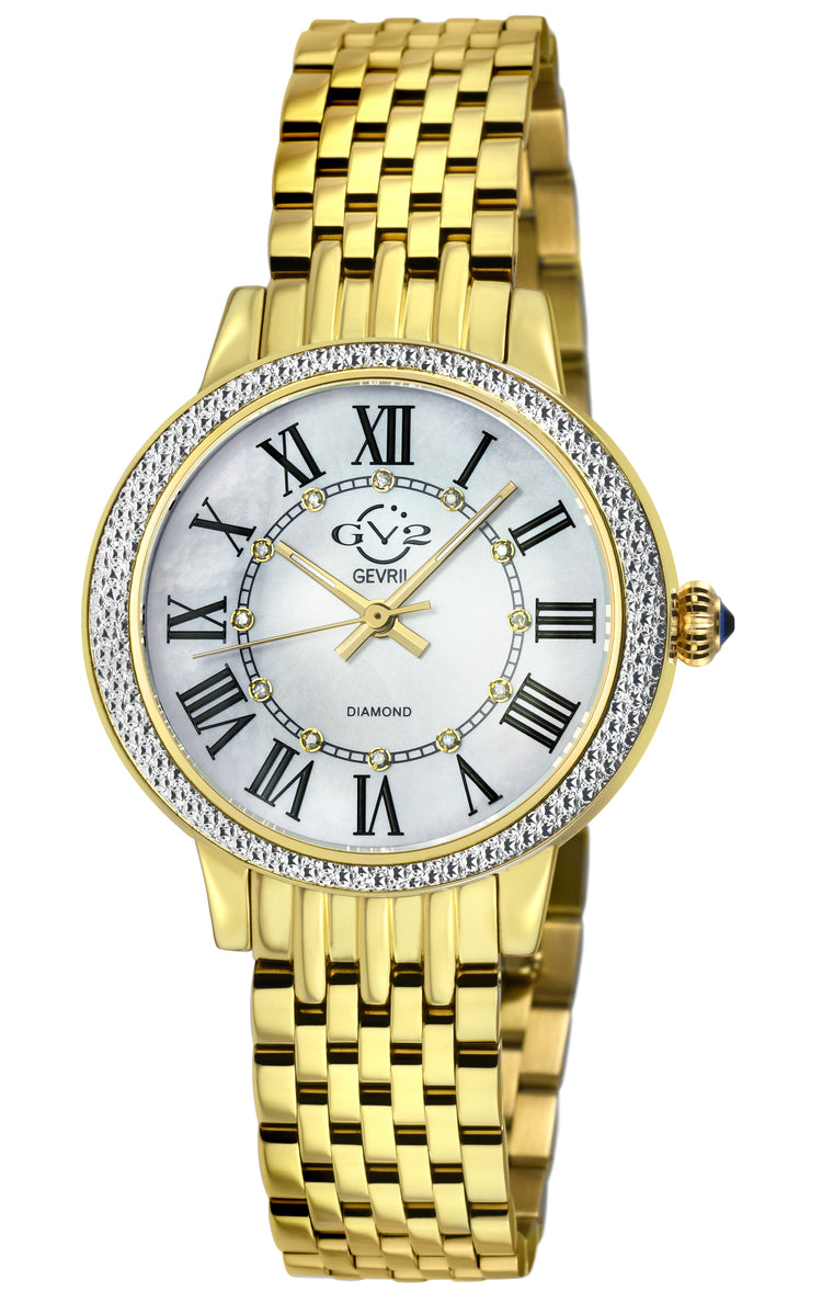 Gold wristwatch with diamond-studded bezel on a white background