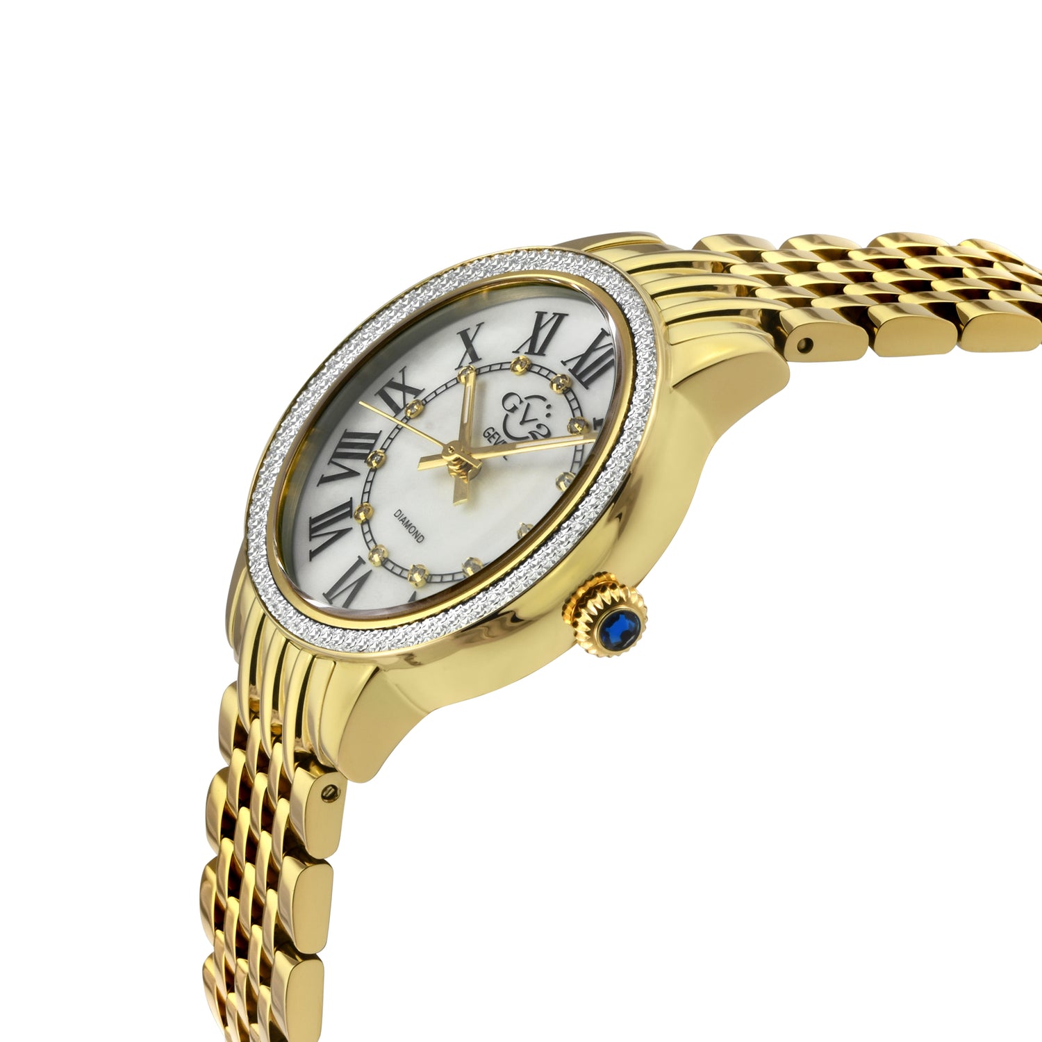 Gold wristwatch with diamond-studded face on a white background