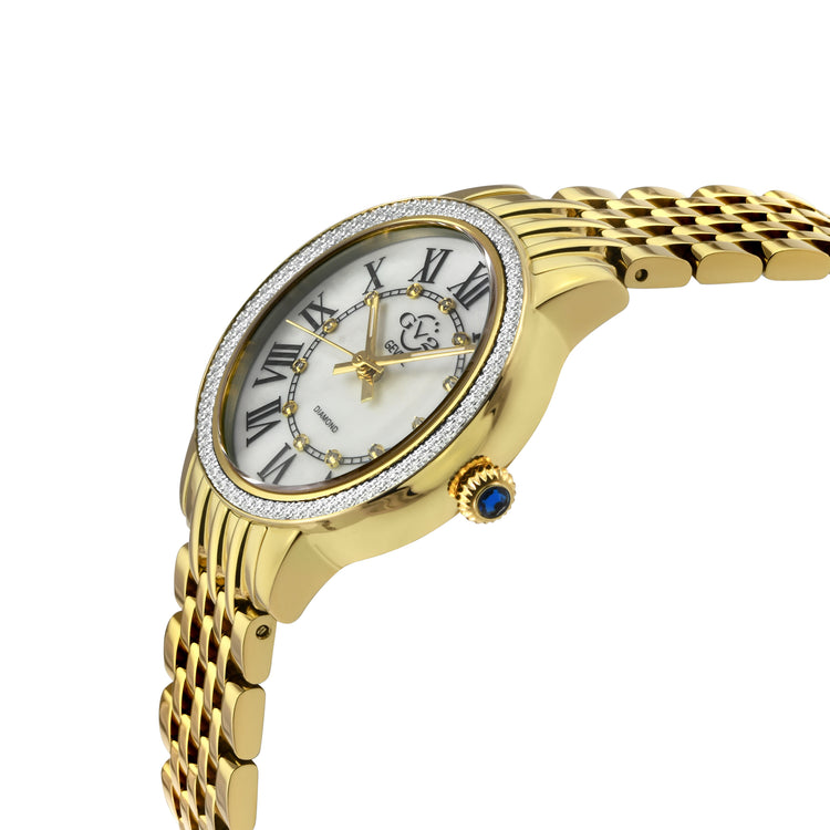 Gold wristwatch with diamond-studded face on a white background