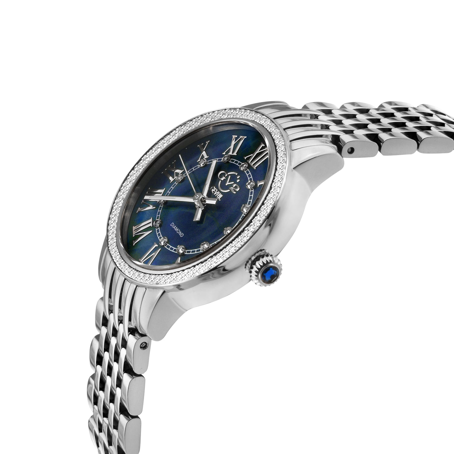 Silver watch with blue dial on a white background