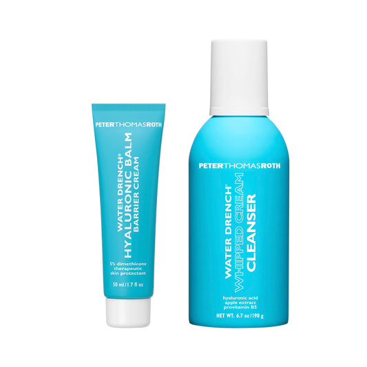 Peter Thomas Roth Water Drench Barrier Cream tube and Water Drench Cleanser bottle in bright blue packaging on a white background.