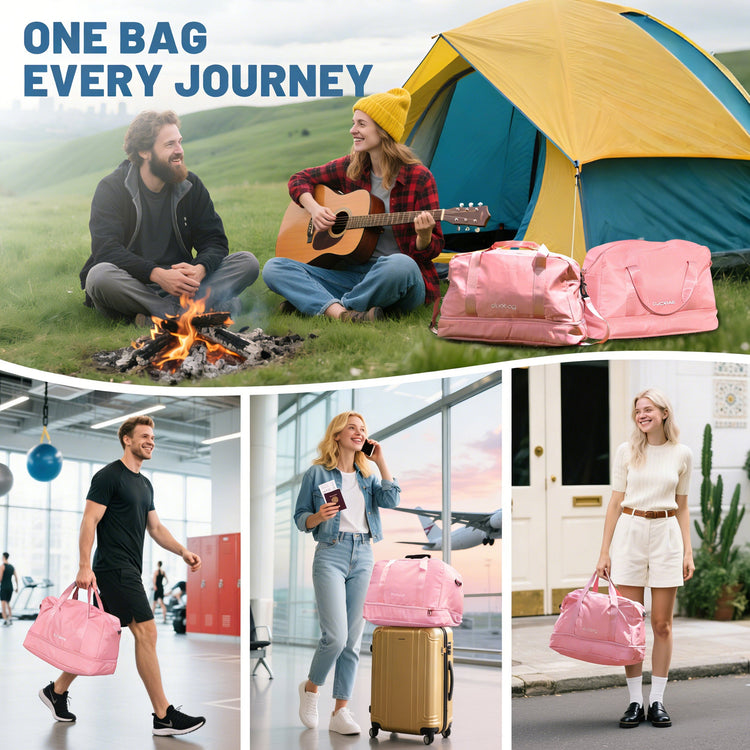 Collage of people using pink duffel bags in various settings, with a tent and campfire in the background.