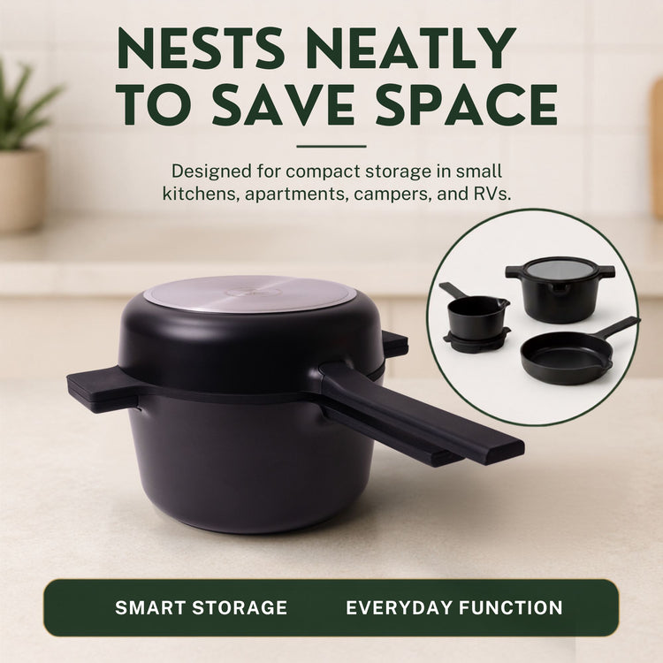 Black cookware set with nesting feature on a neutral background