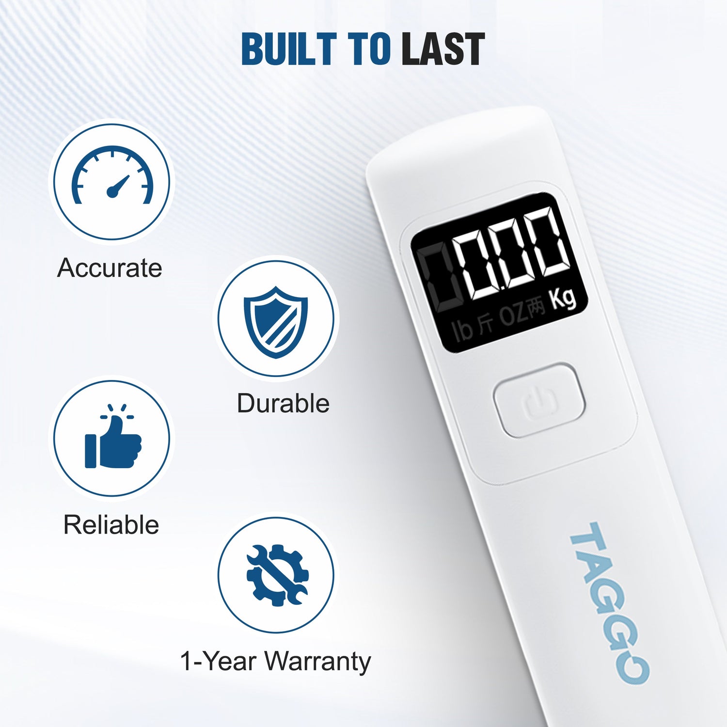 Digital thermometer with features listed on a white background