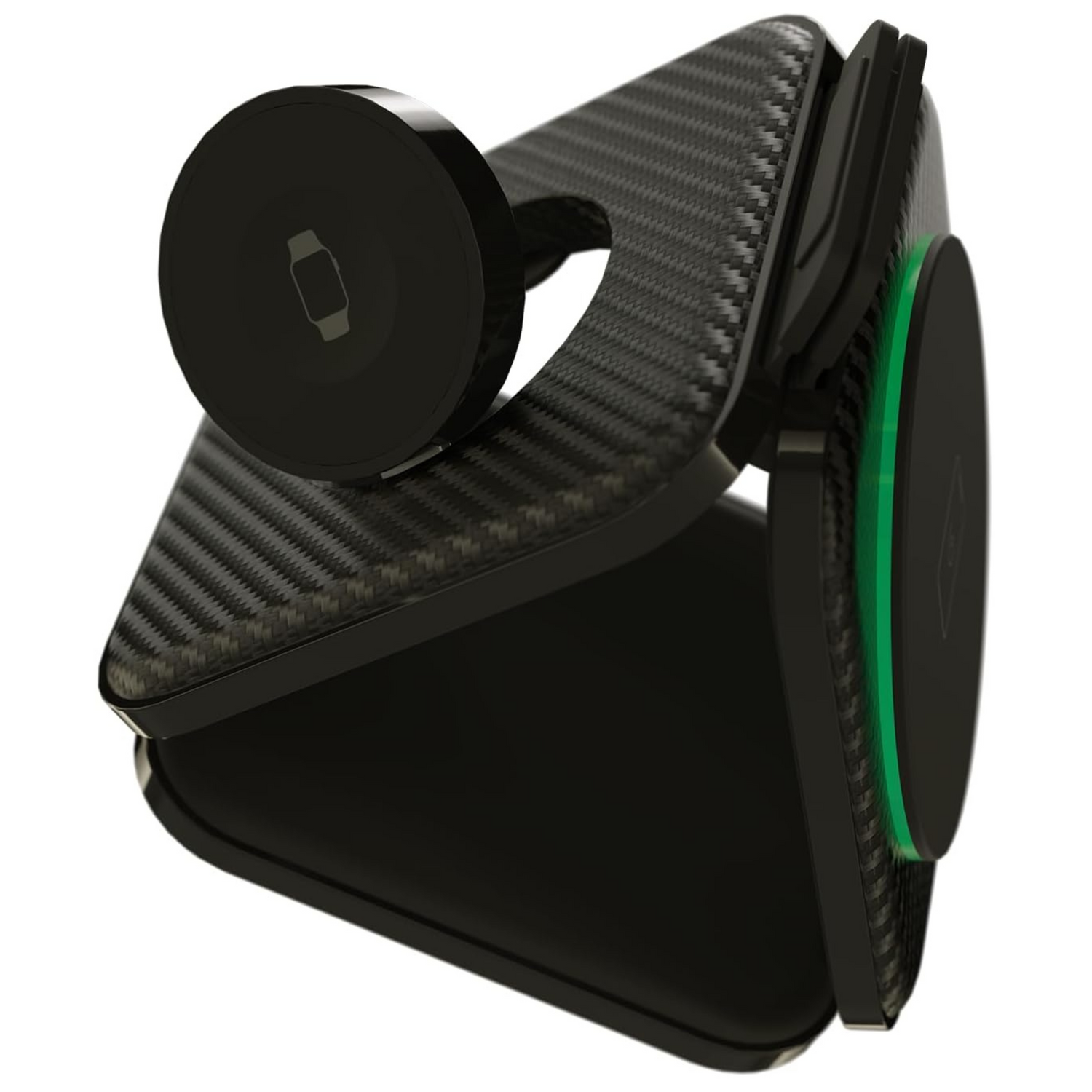 A black wireless charging pad with a built-in magnetic phone stand and nightlight feature.