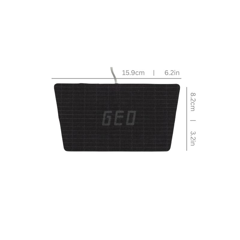 Black rectangular device with digital display and dimensions on a white background