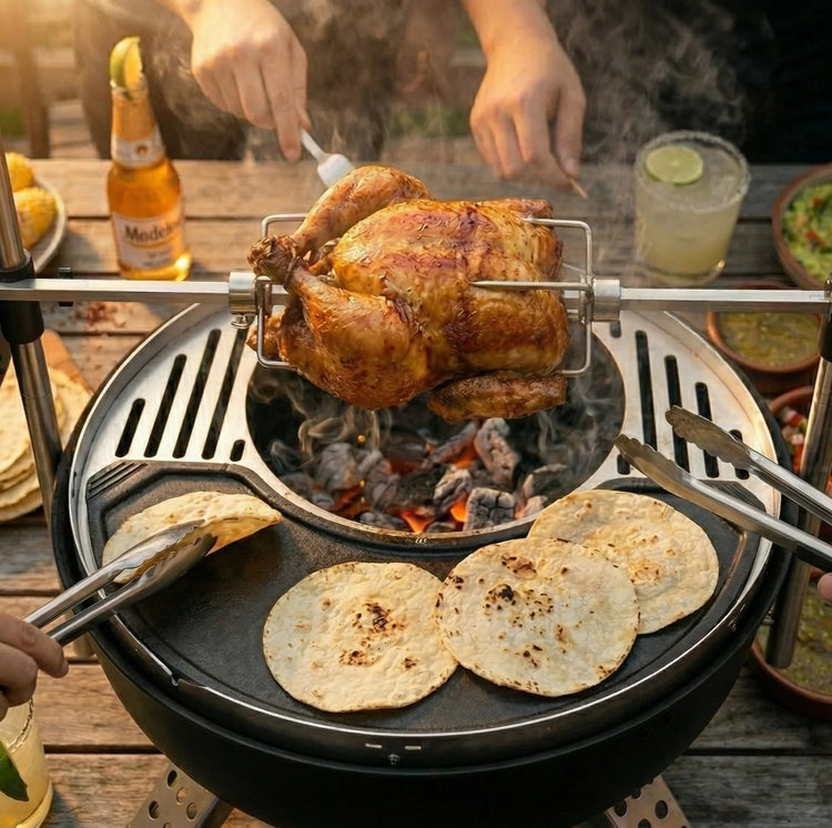 Roasted chicken on a rotisserie over a grill with tortillas and a beer bottle in the background.
