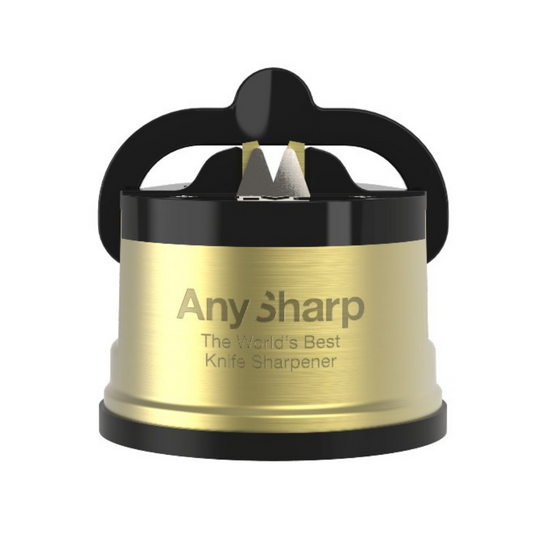 A countertop knife sharpener with a black handle and a copper-colored body, featuring the 'AnySharp' brand name.