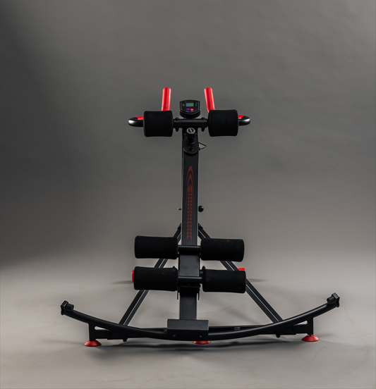 Black and red exercise machine on a gray background
