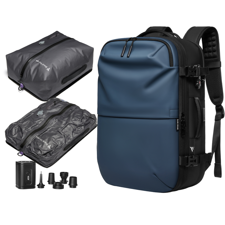 Blue backpack with travel accessories on a white background