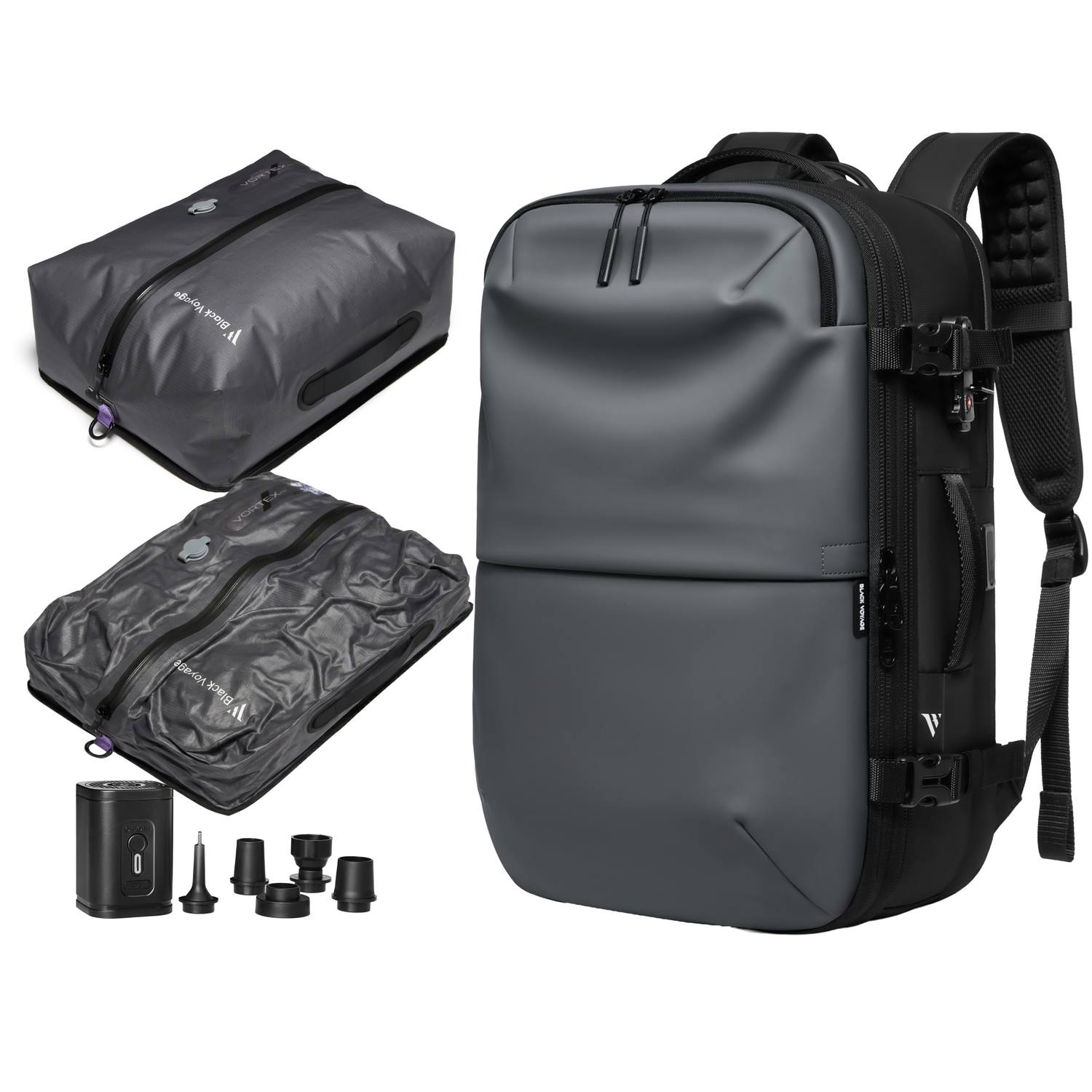 Gray backpack with additional bags and accessories on a white background